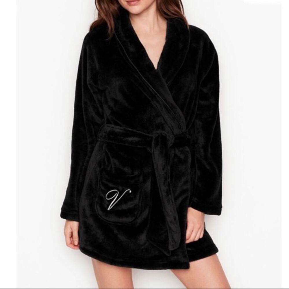 NWOT Sz XS/S Victoria's Secret Black Cozy Plush Robe W/ Pockets & Belt $70 MSRP
